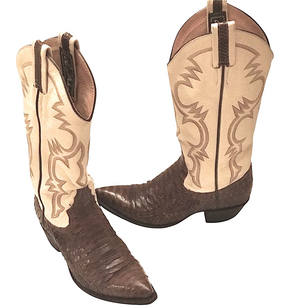 Vintage Larry Mahan Cowboy Boots Brown Snakeskin Cream Leather Size: 5.5 RARE